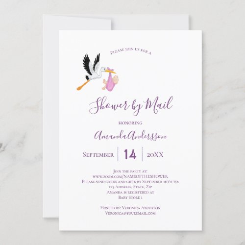 Shower by mail stork baby girl pink purple white invitation