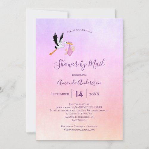 Shower by mail stork baby girl pink rose gold invitation
