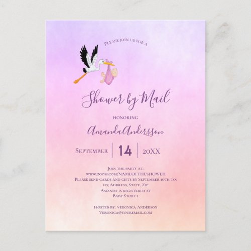 Shower by mail stork baby girl pink rose gold postcard