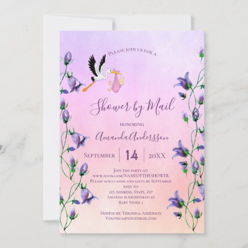 Shower by mail stork girl pink purple floral invitation