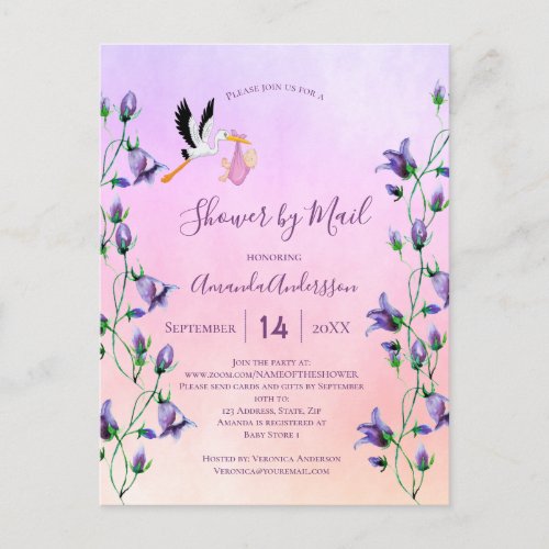 Shower by mail stork girl pink purple floral postcard