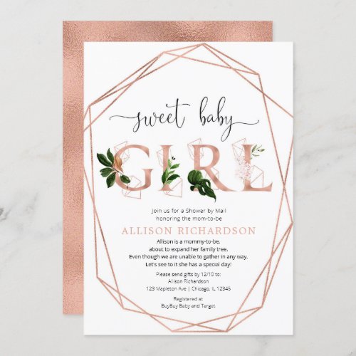 Shower by mail sweet baby girl rose gold greenery invitation