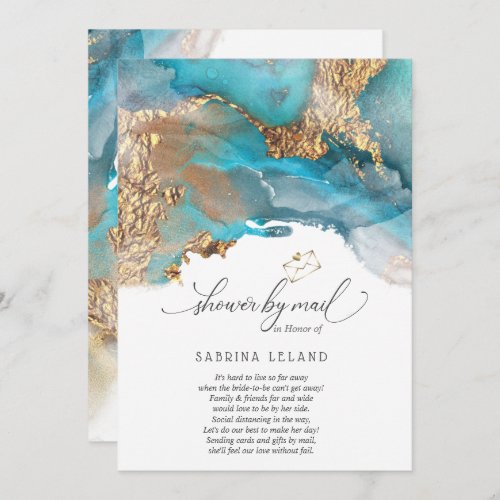 Shower by Mail Teal and Gold Marbled Alcohol Ink Invitation