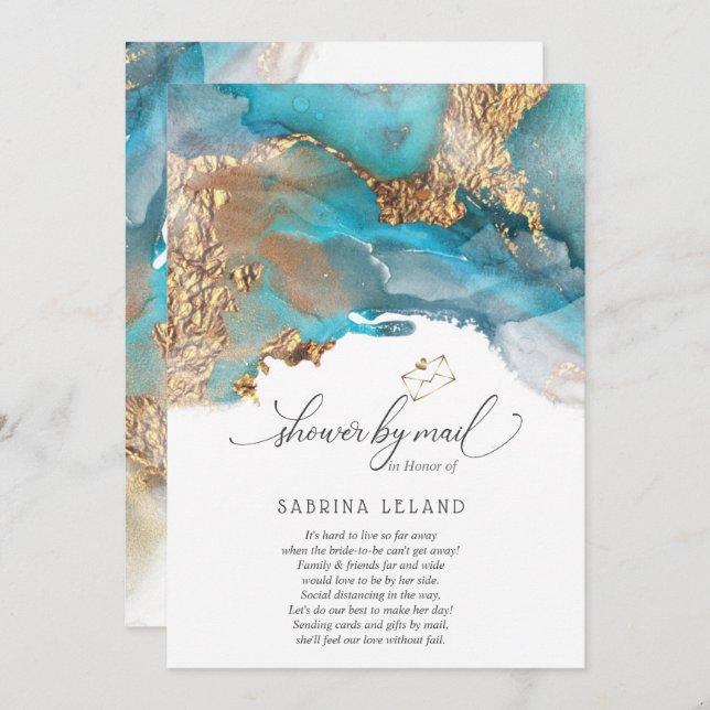 Shower by Mail Teal and Gold Marbled Alcohol Ink Invitation (Front/Back)