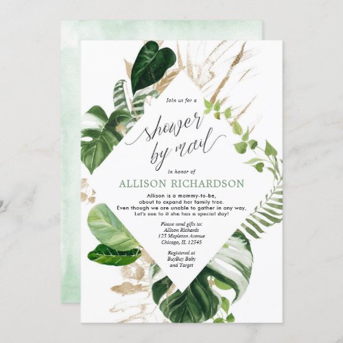 Shower by mail tropical green gold baby shower invitation