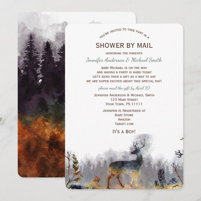 Shower by Mail WatercolorForest Woodland Deer Baby Invitation (Front/Back)