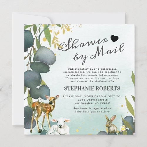 Shower By Mail | Woodland Animals Baby Shower Invitation - Greenery forest shower by mail invitations featuring a dusty greeny/blue watercolor wash, botanical eucalyptus leaves, splashes of faux gold foil, woodland baby animals, and a modern baby shower from afar template that is easy to personalize.