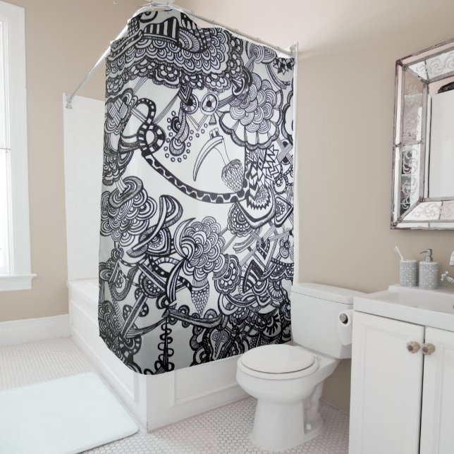 Shower Curtain - 058 - Bird and Chaos B&W (In Situ)