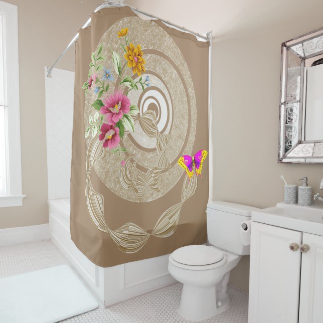 Shower Curtain Beige Floral Butterfly (In Situ)