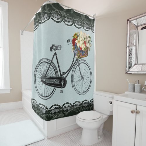 Shower curtain bicycle flower  bike mint green