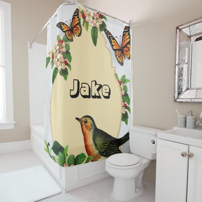Shower Curtain Bird Butterfly (In Situ)