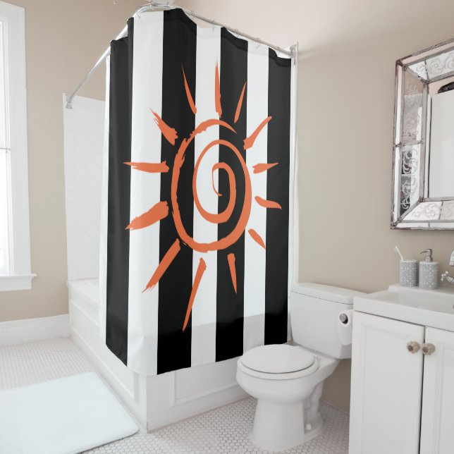 Shower Curtain Black and White Stripe Orange Star (In Situ)
