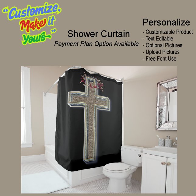 Shower Curtain Black Background (Cross Biblical Shower Curtain Featuring a Black Background.)