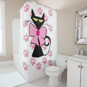 Shower Curtain Black Kitten Pink Paw Prints