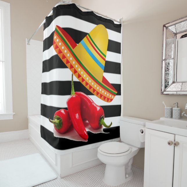 Shower Curtain Black Stripe Mexican Sombrero (In Situ)