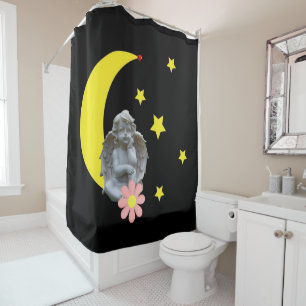 Shower Curtain Black Yellow Moon Stars Angel