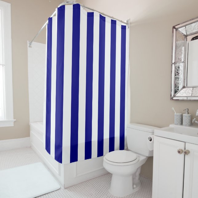 Shower Curtain Blue and White Stripes (In Situ)