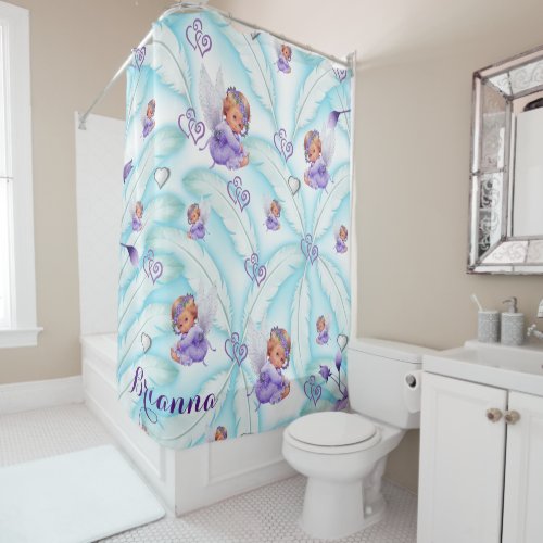 Shower Curtain Blue Purple Baby Angels Feathers