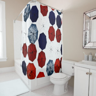 Shower curtain  blue red white umbrellas