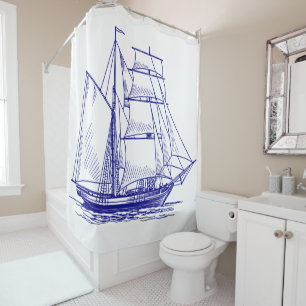 Shower curtain Blue sail boat ship nautical