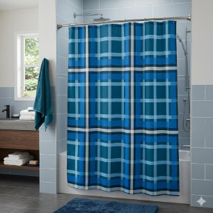 Shower Curtain Blue Tartan Plaid Check Pattern