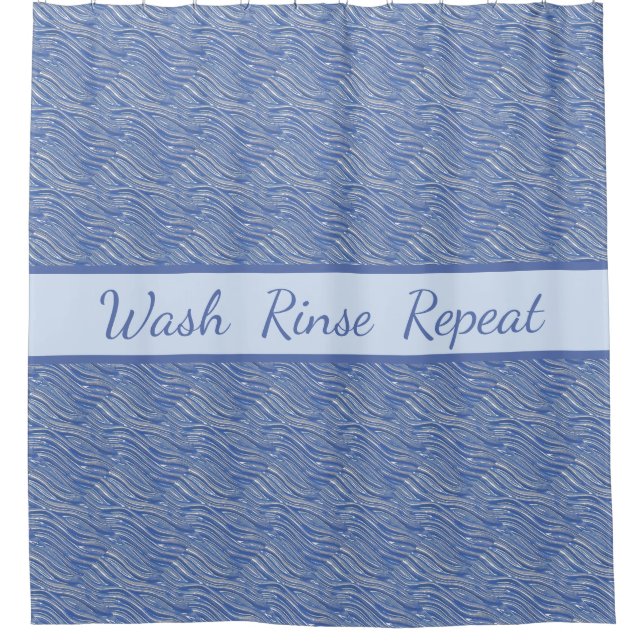 Shower Curtain Blue water text, (Front)