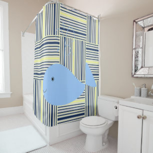 Shower Curtain Blue Whale Stripes