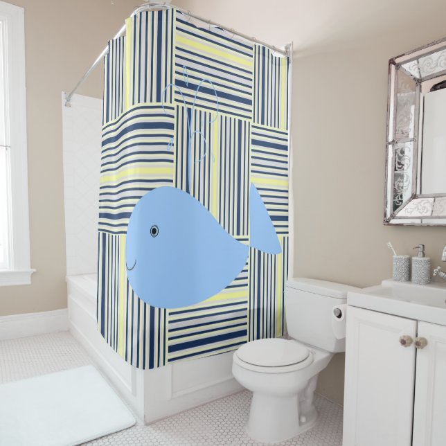 Shower Curtain Blue Whale Stripes (In Situ)