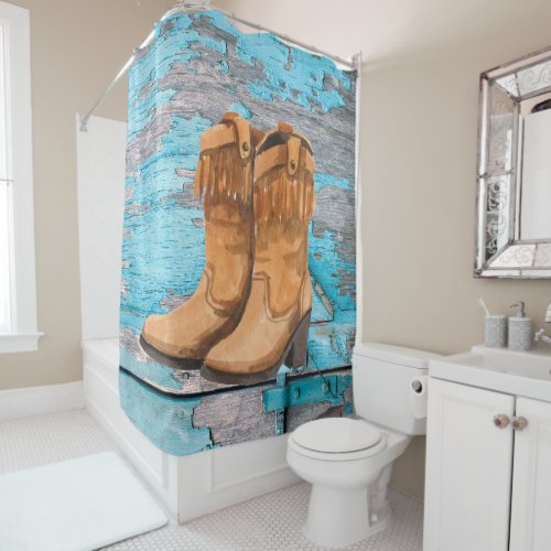 Shower Curtain Blue Wood Barn Door Boots Country R