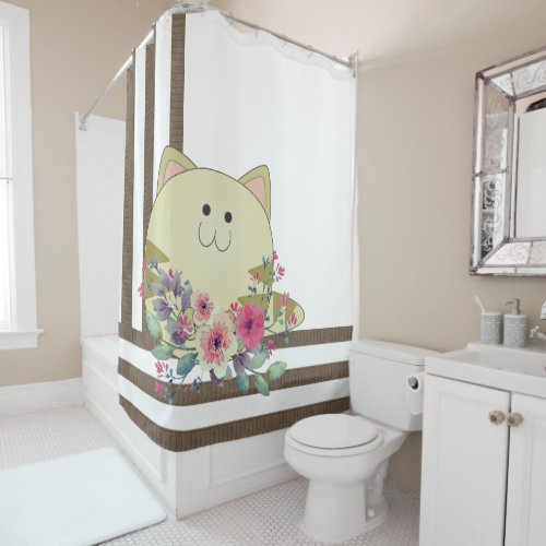 Shower Curtain Brown Stripe Whimsical Cat 