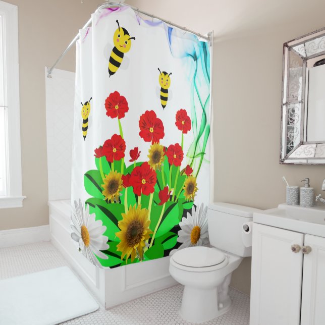 Shower Curtain Bumblebee Floral Sunflower (In Situ)