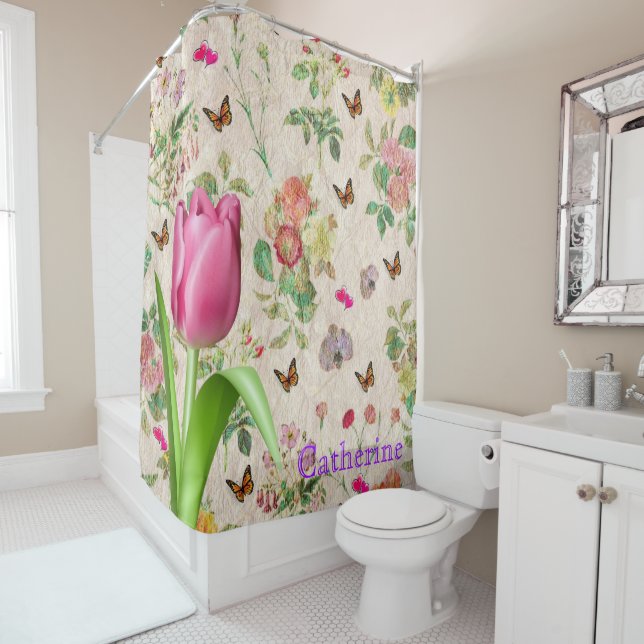 Shower Curtain Butterfly Pink Tulip Floral (In Situ)