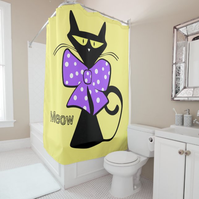 Shower Curtain Cat Purple Bow Polk a dot (In Situ)
