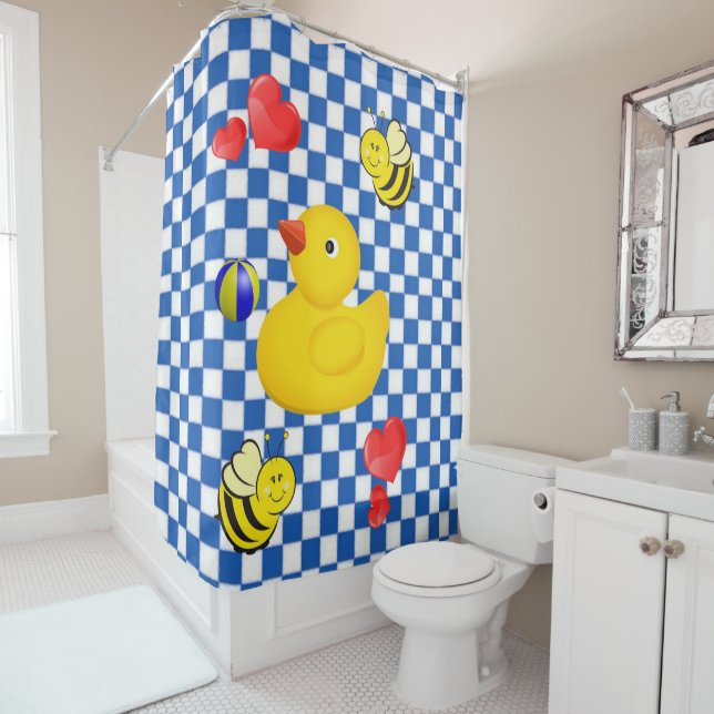 Shower Curtain, Checkered blue white yellow duck Shower Curtain (In Situ)