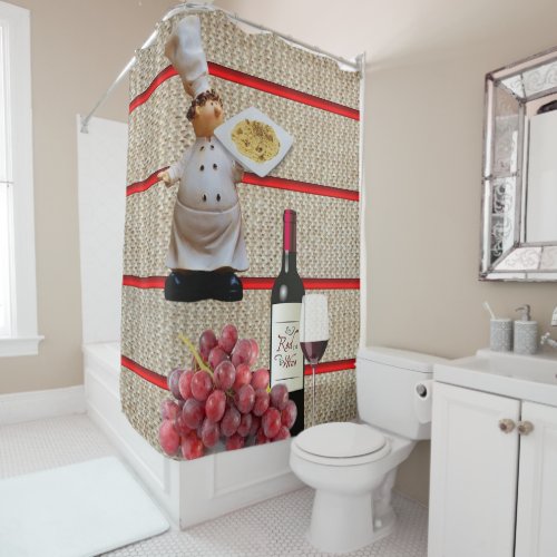 Shower Curtain Chef Wine Pasta Grapes