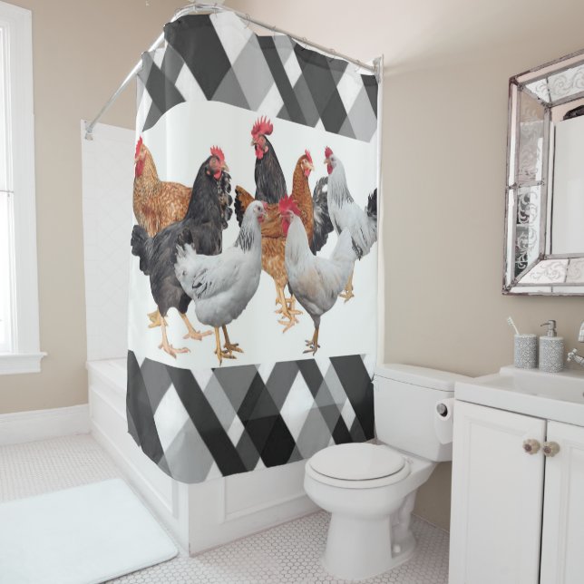 Shower Curtain Chicken Black Grey (In Situ)