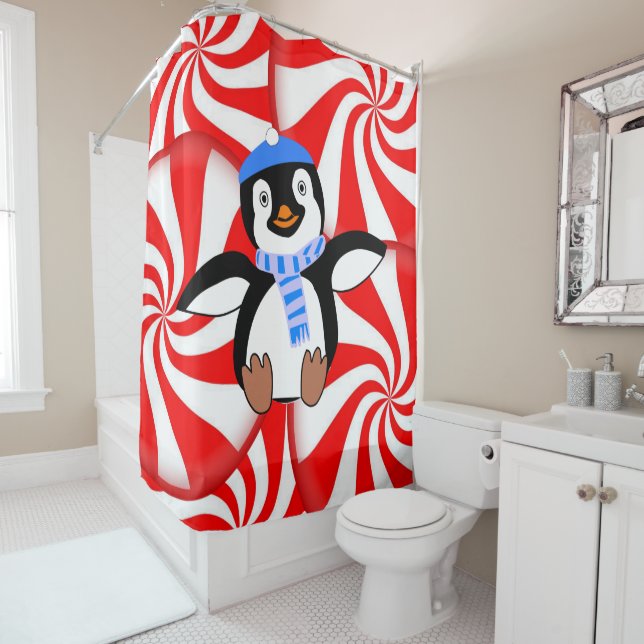 Shower Curtain Christmas Penguin (In Situ)