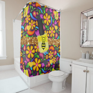 Shower Curtain Colorful Flowers Floral Bumblebee