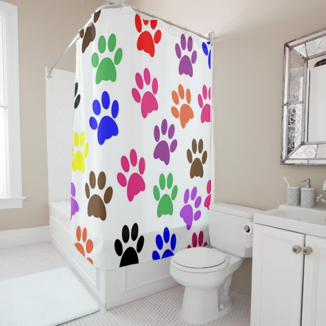 Shower Curtain Colorful Paw Prints (In Situ)