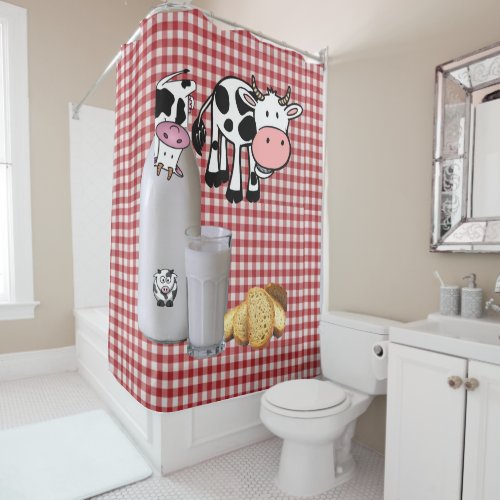 Shower Curtain Country Cow Red Plaid Bread Milk