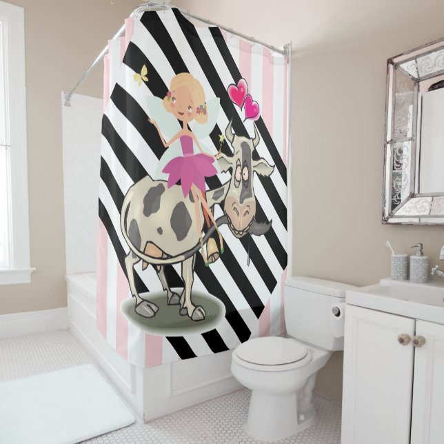 Shower Curtain Cow Pink & Black Stripes (In Situ)