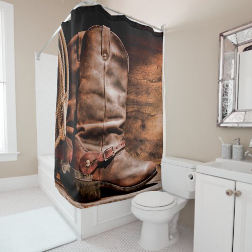 Shower Curtain Cowboy Boots Barn Wood Rustic Count