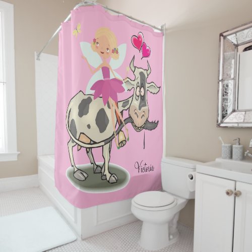 Shower Curtain Fairy Cow Pink Hearts
