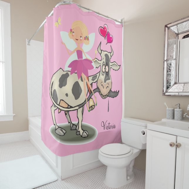 Shower Curtain Fairy Cow Pink Hearts (In Situ)