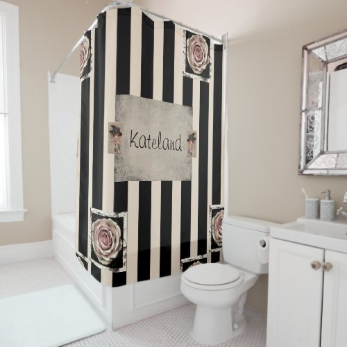 Shower Curtain Floral Black Beige Stripe