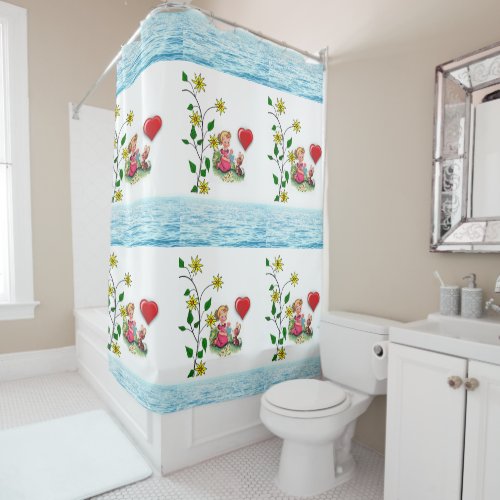 Shower Curtain Floral Hearts 