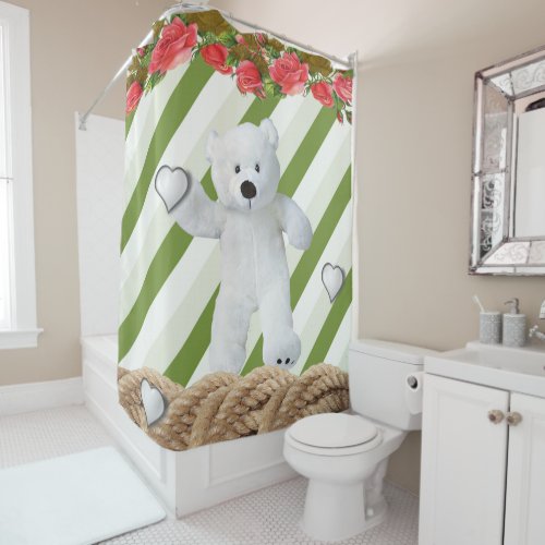 Shower Curtain Floral White Teddy Bear