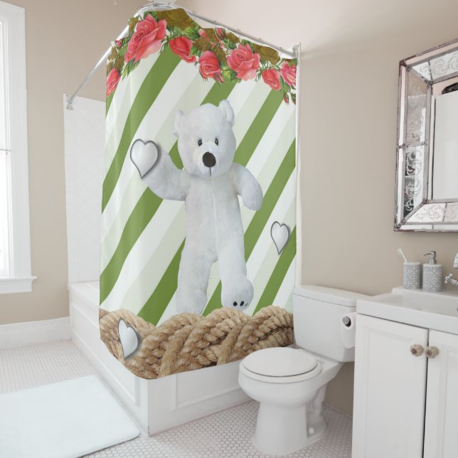 Shower Curtain Floral White Teddy Bear (In Situ)