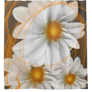 Shower Curtain Flowers White Black Orange