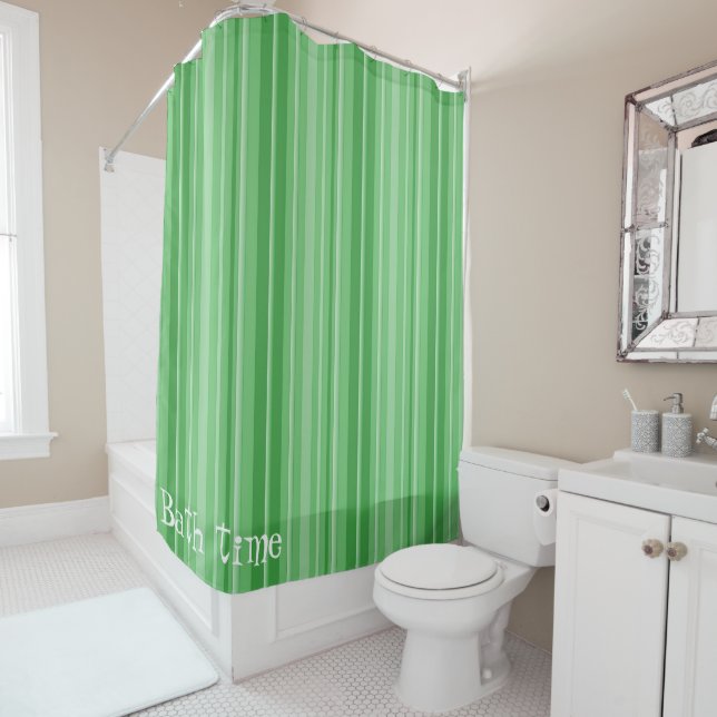 Shower Curtain Green and White Stripe (In Situ)